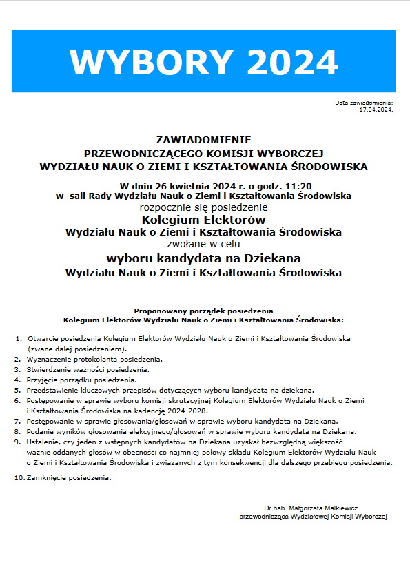 plakat informujący o posiedzeniu kolegium